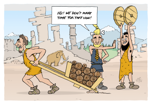 Cartoon Projektplanung in der Steinzeit, das Rad am Wagen fehlt